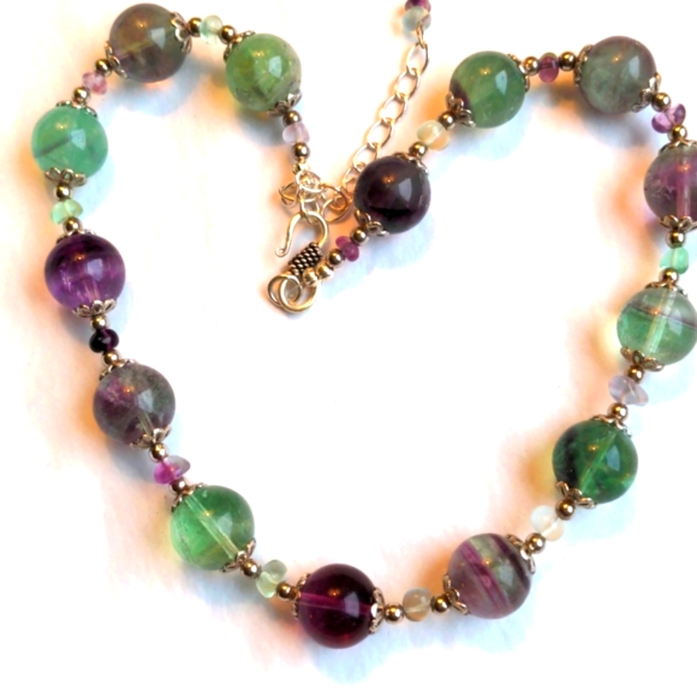 New Multi Color Fluorite Necklace, Sterling Silver Bali Clasp, Genuine Gemstones